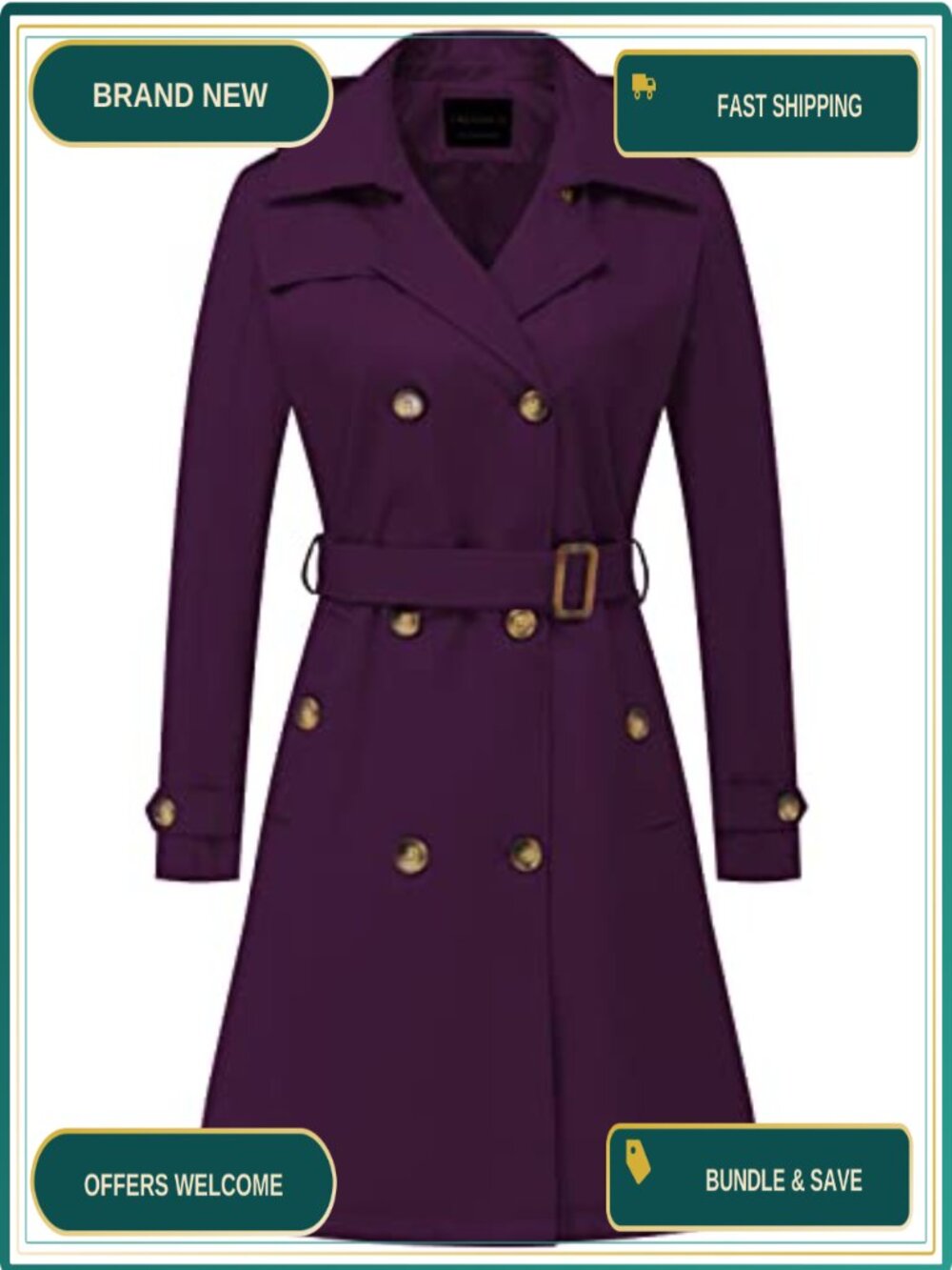 Women Long Trench Coat Double-Breasted Lapel Overcoat Belted Slim Detachable